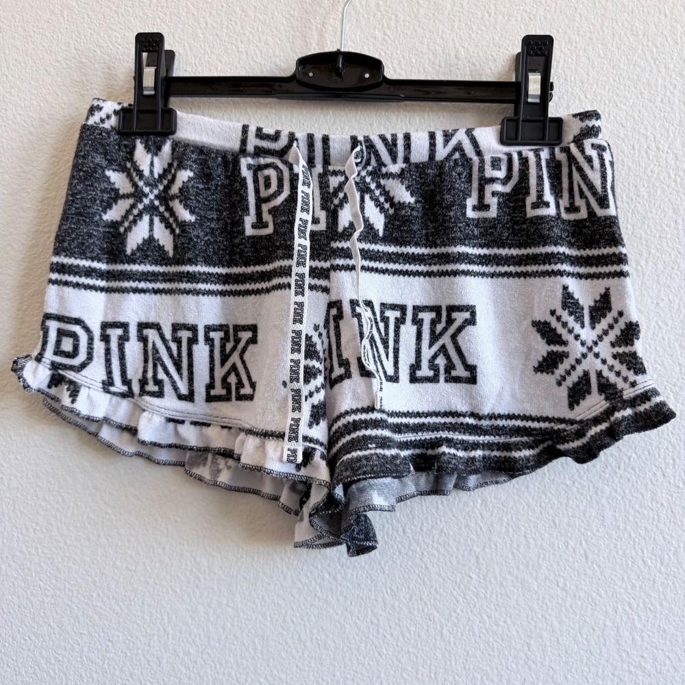 PINK Victoria's Secret Black White Fair Isle Snowflake Ruffle Sleep Shorts XS